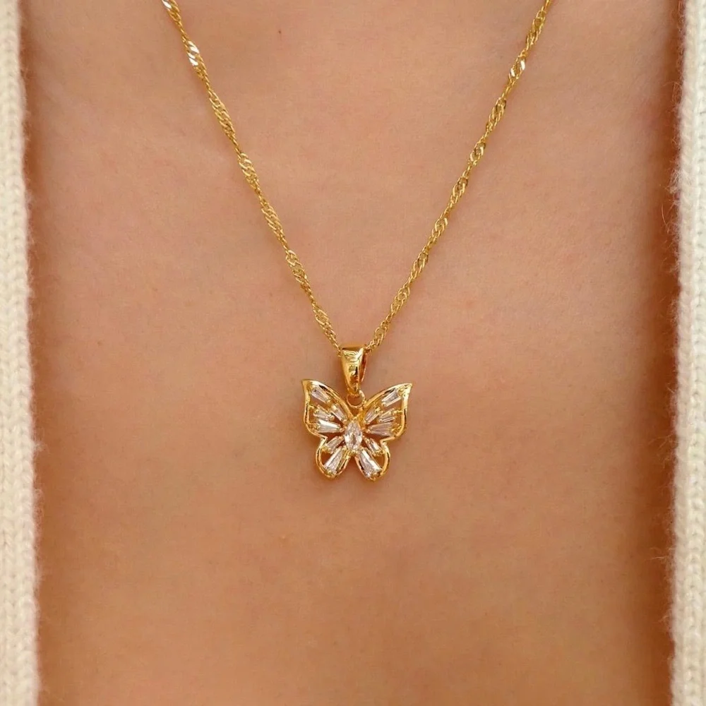 Elegant Gold Butterfly Pendant Necklace 18inch